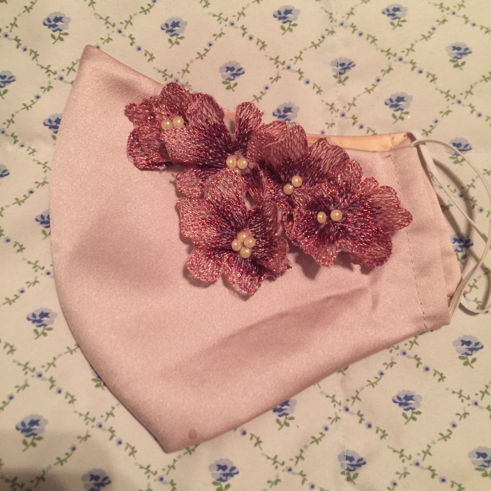 Handmade pink satin mask with 3D flowers 🌸
